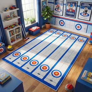 Könnte beinhalten: Ein rechteckiger Curling-Teppich mit weißem Feld, blauen Rändern und blauen Linien. Der Teppich zeigt sechs Curling-Ziele mit roten und gelben Zentren. Der Raum hat blaue Wände, Curling-Champion-Poster und Spielzeugregale.