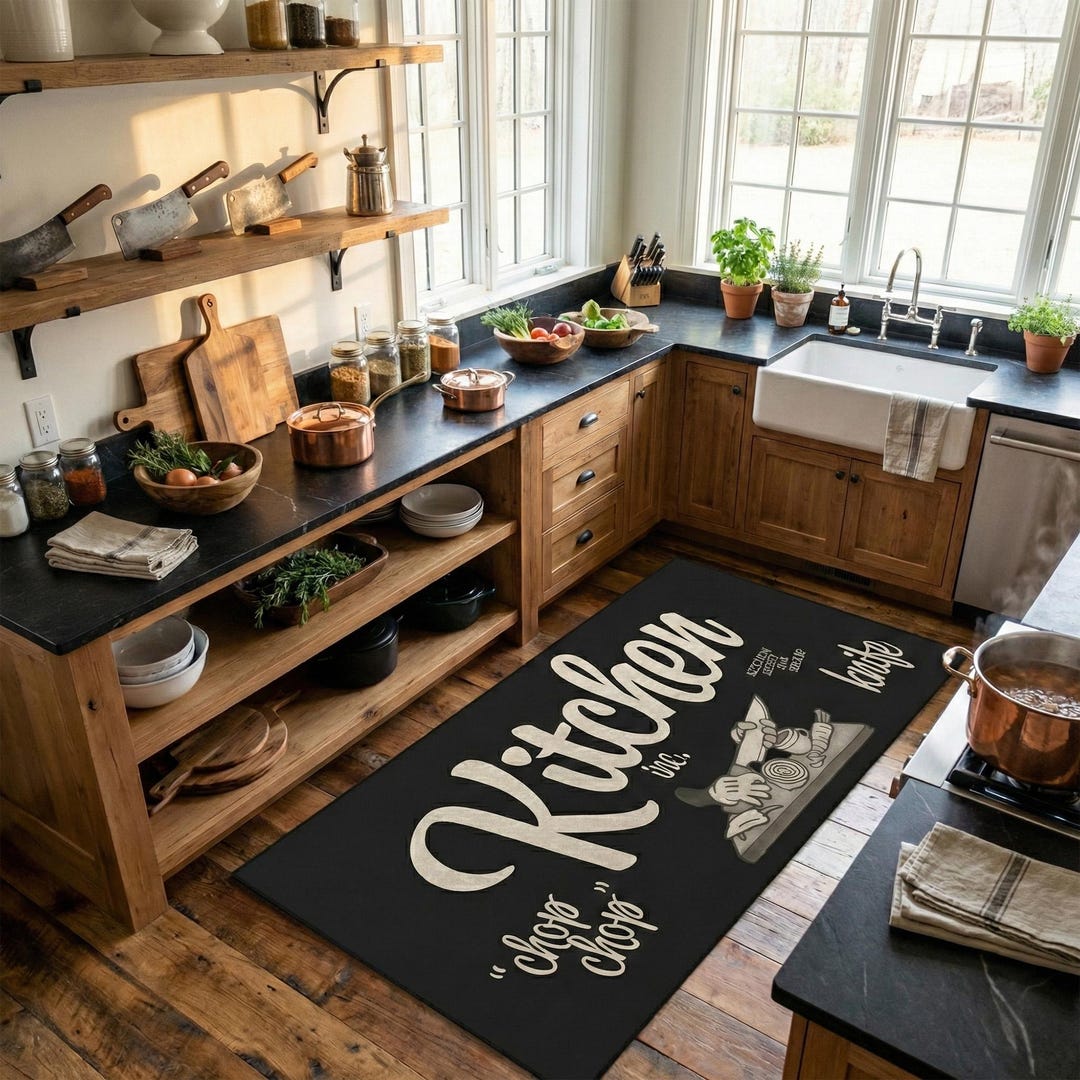 Personalized Rustic Black Kitchen Area Rug With a Vintage Knife ...