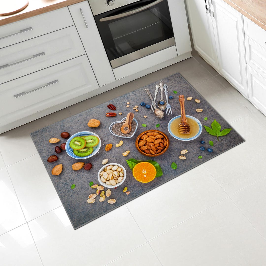 Food On Rug Vibrant Healthy Food Themed Gray Kitchen Rug; Machine Washable Kitchen ...