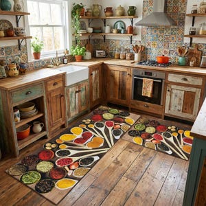 Può includere: Una cucina rustica con mobili, mensole e pavimenti in legno. Due tappeti da cucina rettangolari presentano illustrazioni di spezie colorate su cucchiai di legno. La cucina ha un lavandino bianco, un fornello e una finestra.