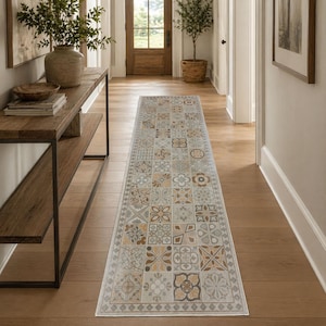 May include: A patterned runner rug featuring a repeating design of square tiles in beige, brown, and blue hues. The rug is laid on a wooden floor in a hallway, with a wooden door and console table in the background.