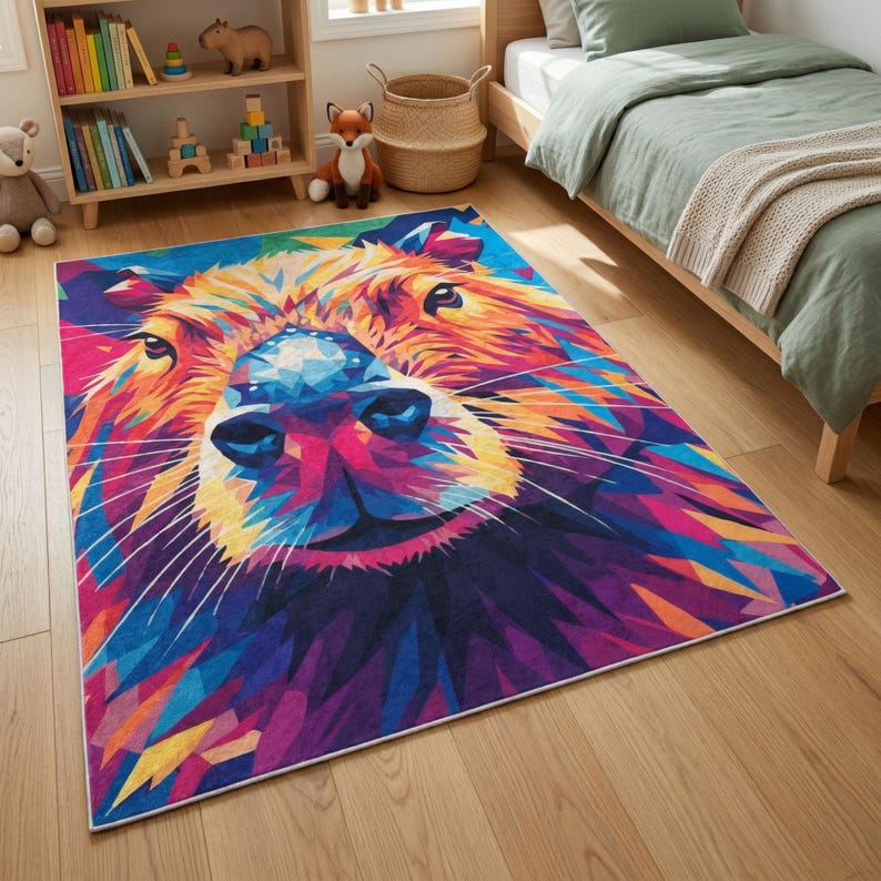 Capybara Rug Rectangle Vibrant Geometric Capybara Area Rug Featuring Colorful Low Poly Animal ...