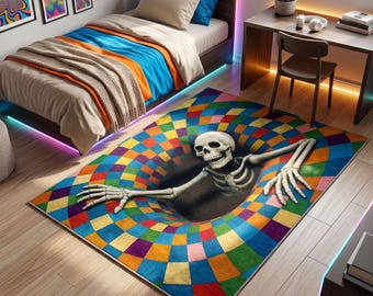 Tappeto a tunnel scheletrico con illusione ottica 3D colorata e psichedelica