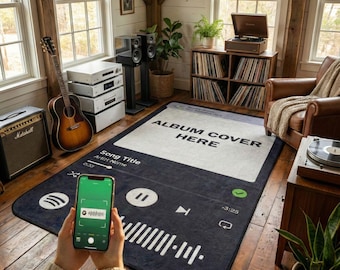 Personalized Music Player Rug Featuring Custom Album Cover Art and Scannable Song Code