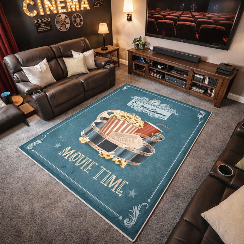Puede incluir: Una alfombra rectangular azul con tem&aacute;tica de cine. La alfombra presenta una cubeta de palomitas de ma&iacute;z, una bobina de pel&iacute;cula y las palabras "Movie Time". La alfombra tiene un borde blanco y un aspecto vintage desgastado.