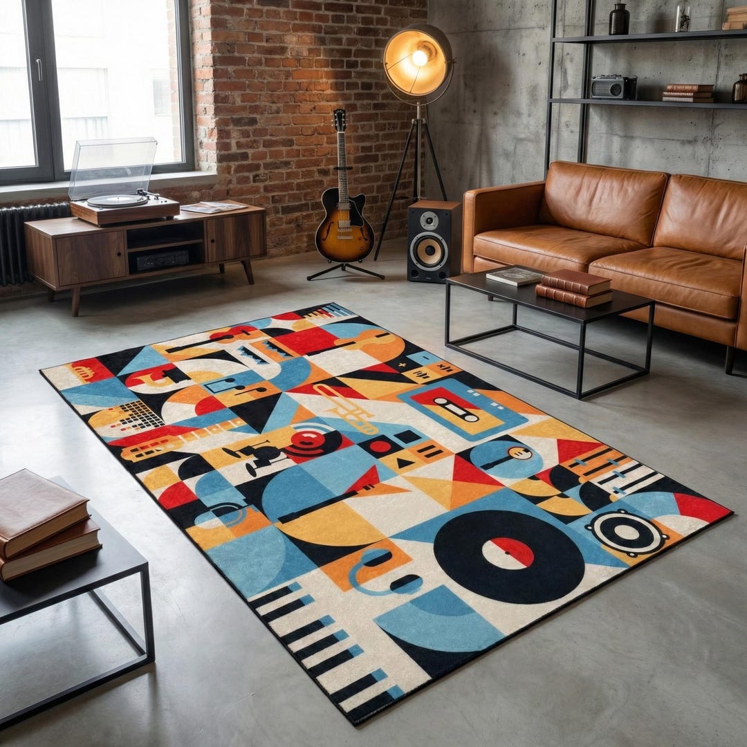 Musical Instrument Rug Colorful Abstract Music Themed Area Rug Featuring Geometric Retro ...