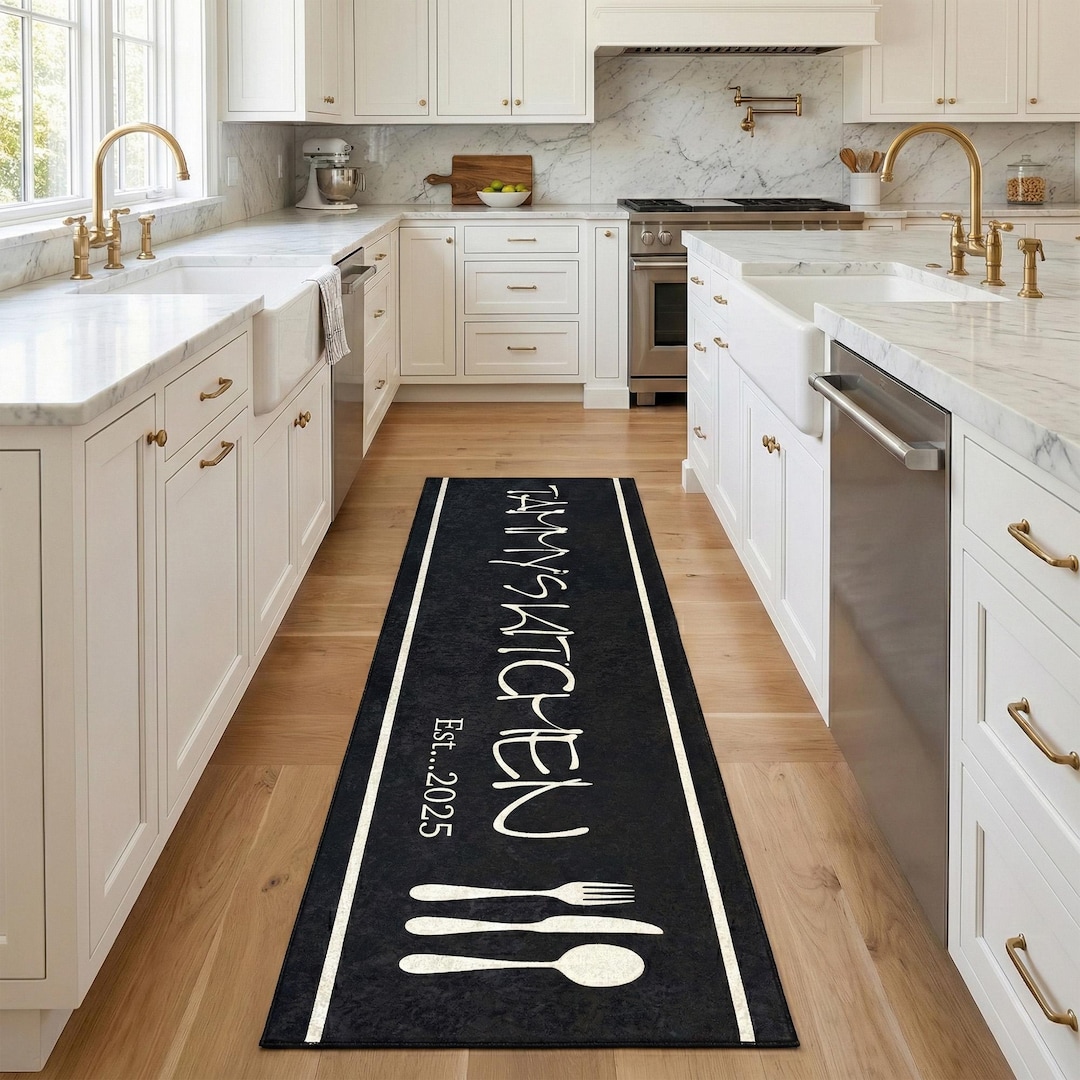 Personalized Black Kitchen Runner Rug With Custom Name and Established ...