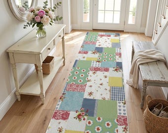 Tappeto passatoia antiscivolo con patchwork floreale in stile cottage