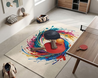 Tappeto da ping-pong con motivo a schizzi colorati; disponibile con retro antiscivolo.