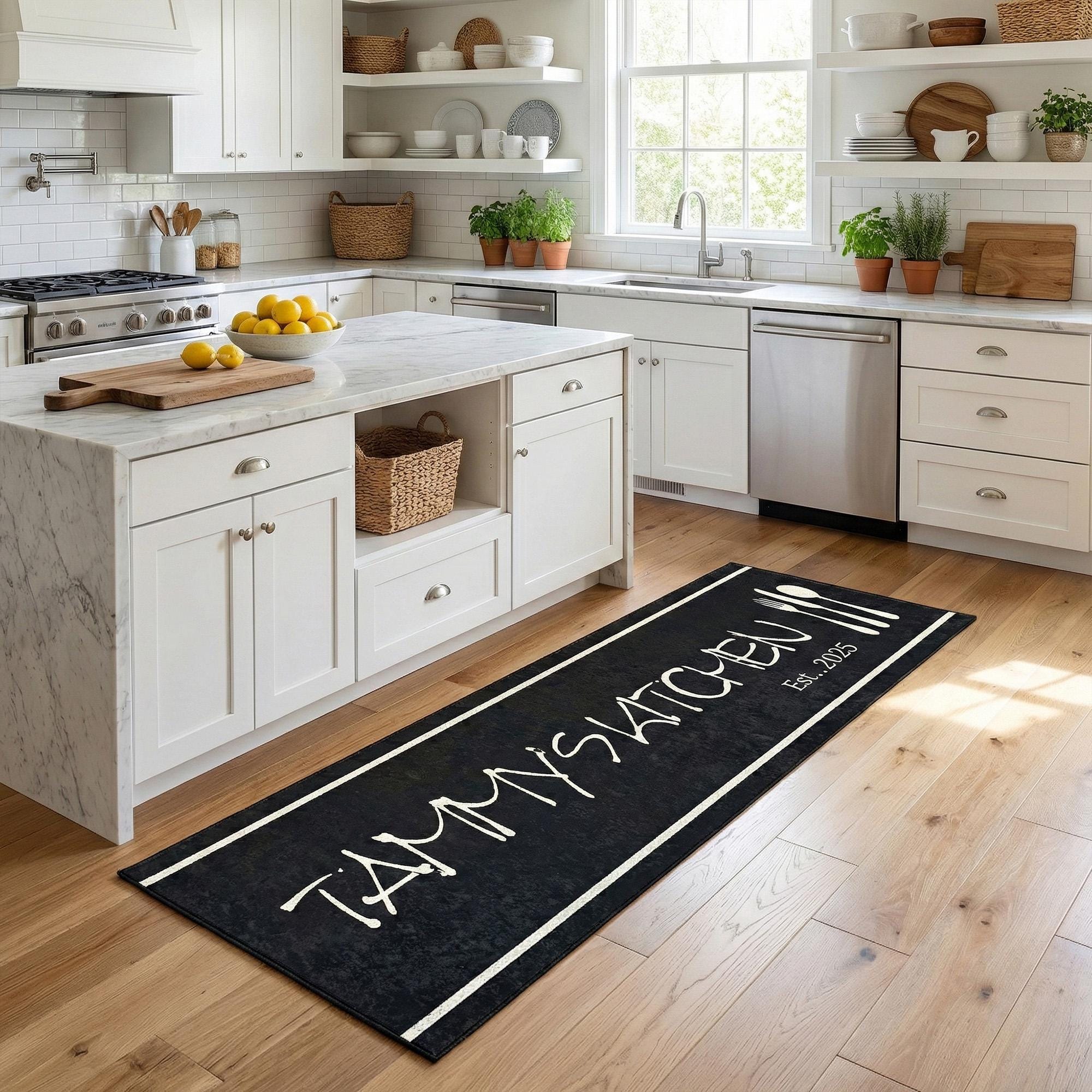 Personalized Black Kitchen Runner Rug With Custom Name and Established ...