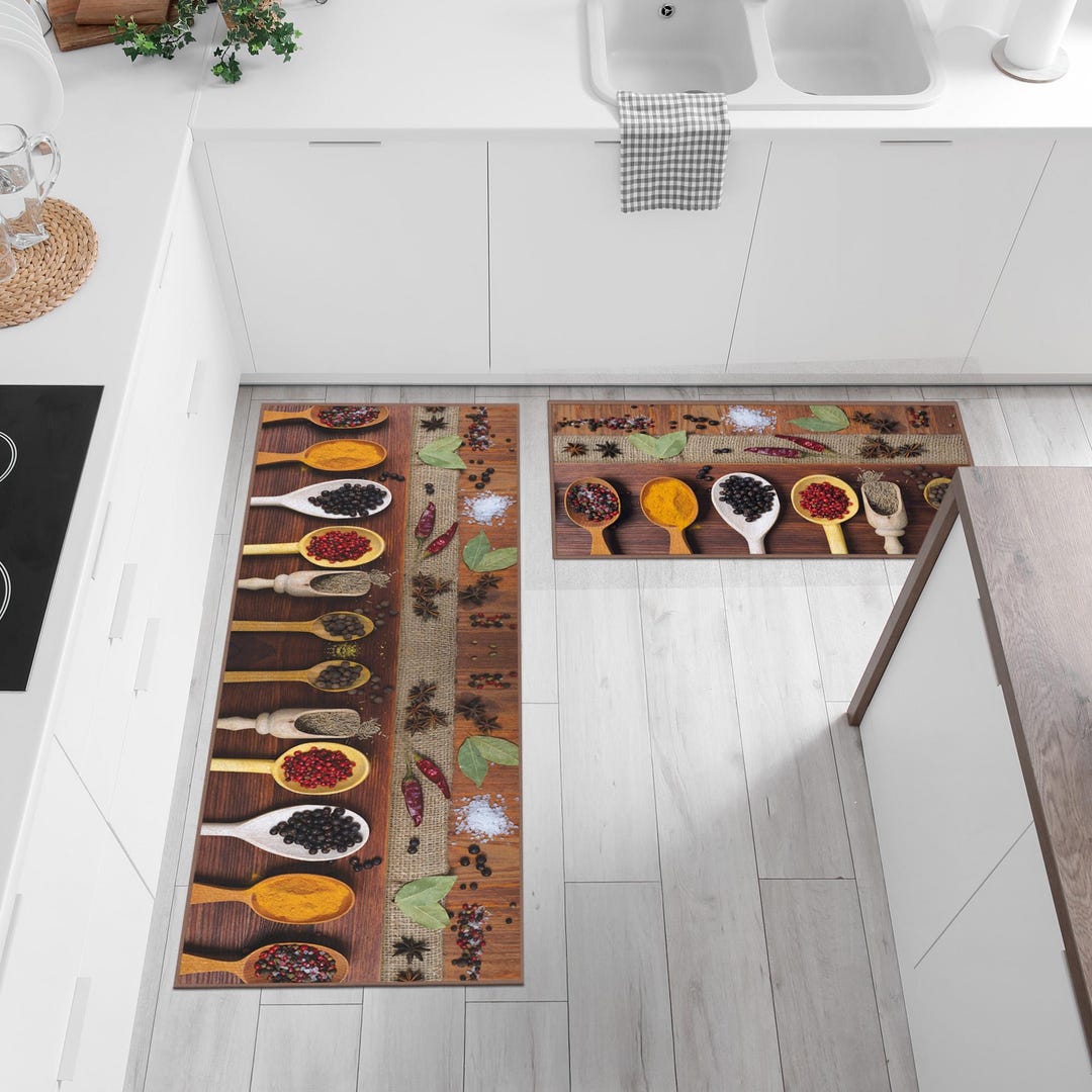 Rustic Spices and Herbs Kitchen Rug Set, Machine Washable 2 Piece L ...