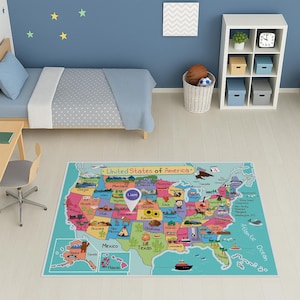 Tapis carte des États-Unis personnalisé pour chambre d'enfant ; Tapis de jeu éducatif avec épingle et symbole de localisation personnalisés, lettre, texte ou image ; Idée cadeau pour tout-petit