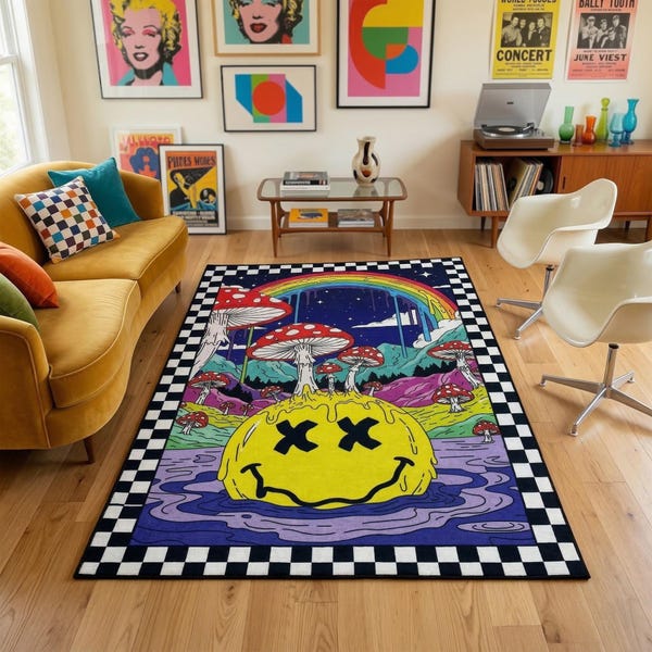 Groovy Psychedelic Area Rug Featuring Melting Smiley Face and Mushroom Design with Checkerboard Pattern