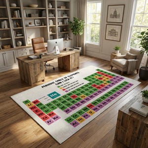 May include: A rectangular area rug featuring a periodic table of elements design with a white background and color-coded squares in green, red, and purple. The text reads: PERIODIC TABLE OF ELEMENTS CAN I LICK IT? with a color-coded legend for safety.