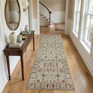 Alfombra Kilim lavable estilo jardín de Anatolia con base antideslizante de algodón.