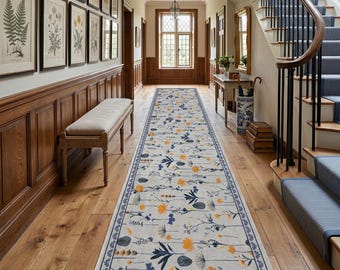 Tappeto Kilim lavabile con base antiscivolo, motivo botanico da giardino francese.