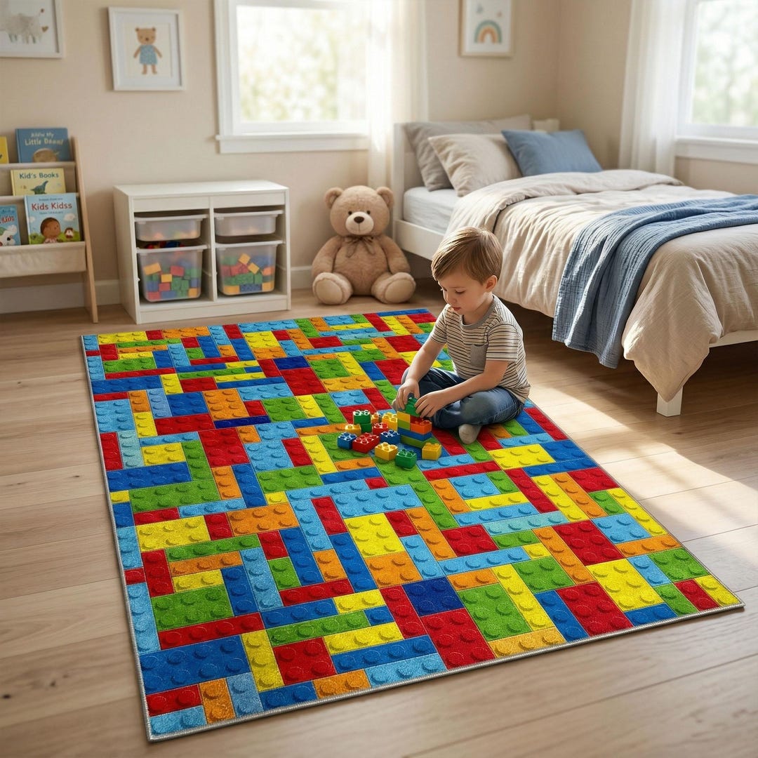 Vibrant Colorful Building Blocks Washable Area Rug With Non-slip ...