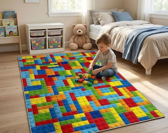 Vibrant Colorful Building Blocks Washable Area Rug with Non-Slip Backing Option