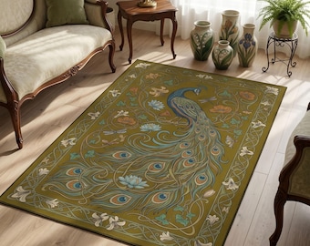 Tappeto da giardino Art Nouveau con pavone; con retro antiscivolo (opzione disponibile).