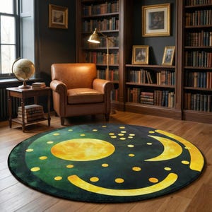 May include: Circular rug with a celestial design. It features a large yellow sun, crescent moons, and yellow dots on a dark green and black backdrop. The rug is in a room with a leather armchair and bookshelves.