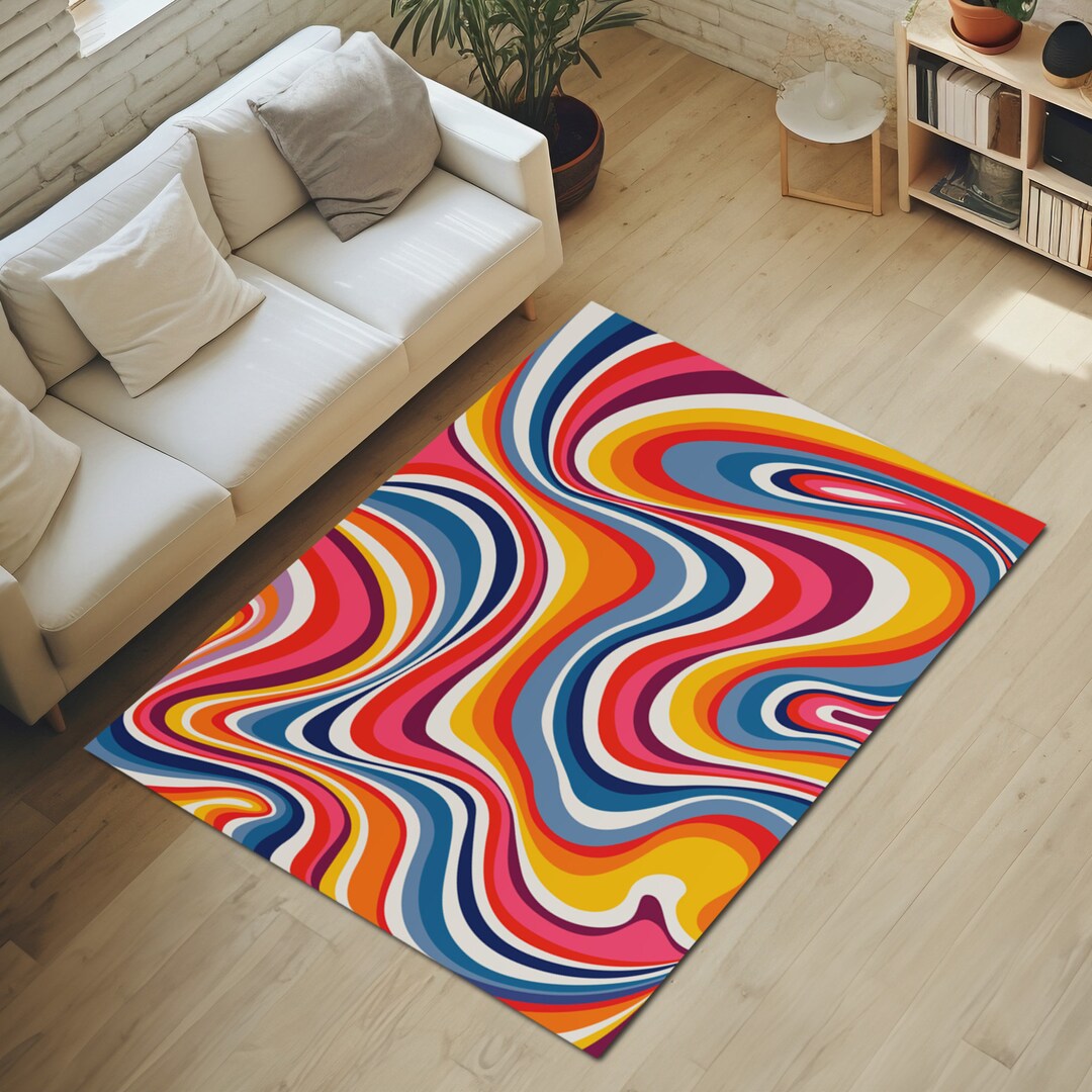 1960s Style Color Waves Groovy Area Rug; Machine Washable Vibrant ...