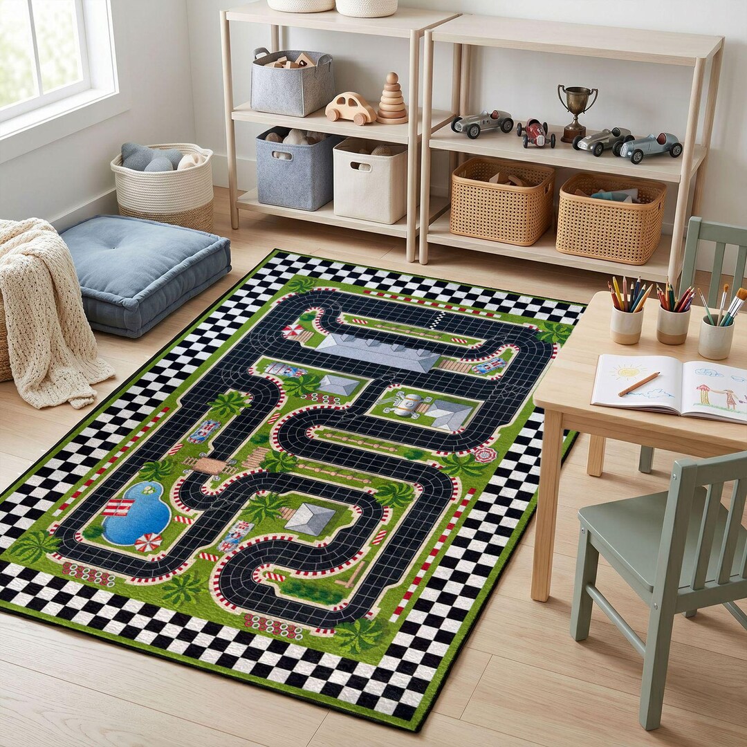 Washable Checkered Race Track Rug for Kids Playroom and Nursery - Etsy
