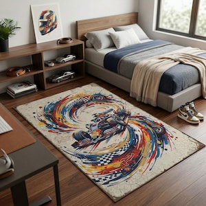 May include: A rectangular rug with a race car design, featuring a dynamic swirl of colours. The design includes red, blue, yellow, and white accents, with a checkered flag pattern. The rug is placed in a bedroom setting.