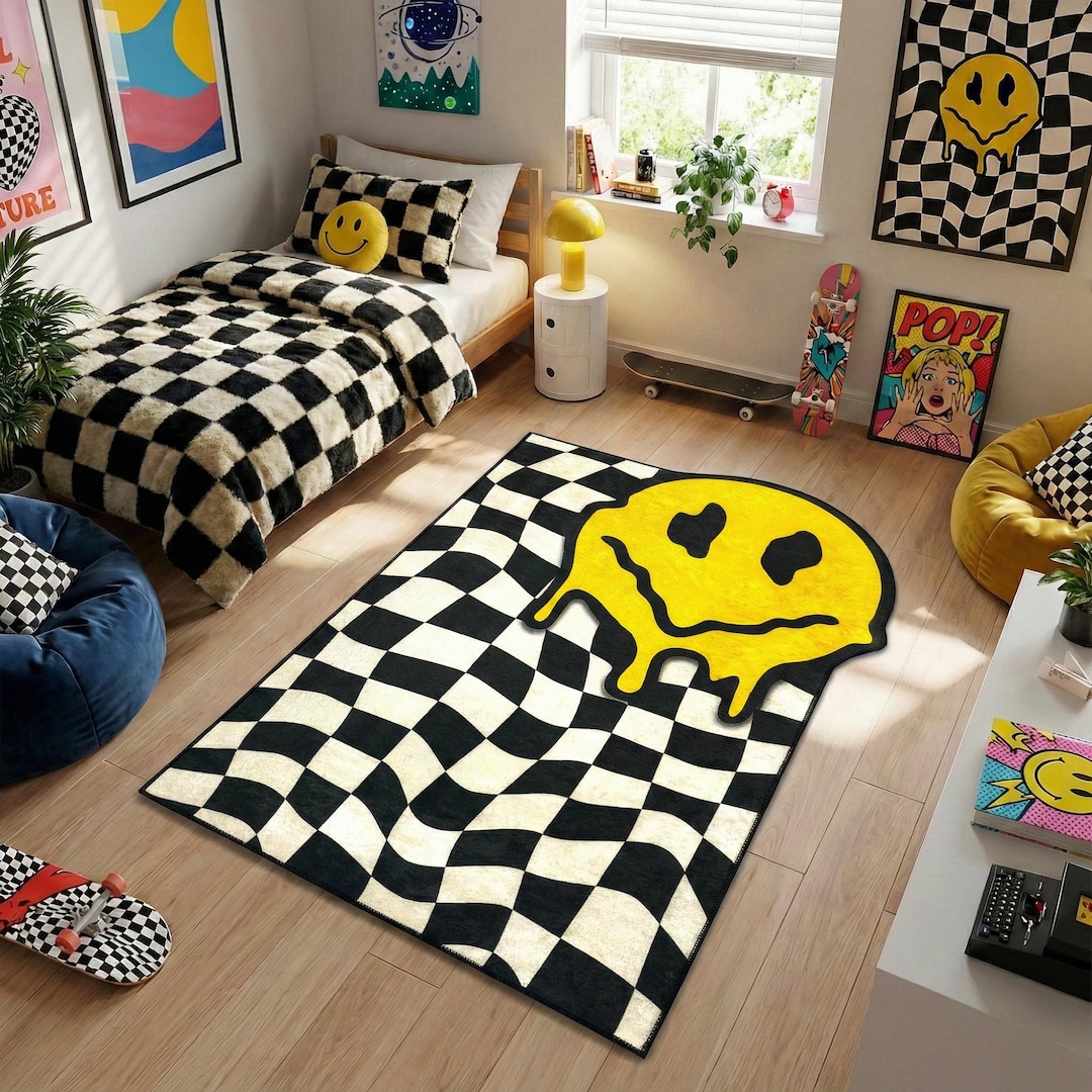 Melting Smiley Face Area Rug Featuring Warped Checkered Pattern - Etsy