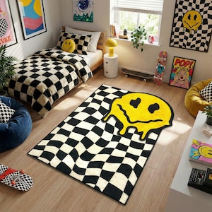 Melting Smiley Face Area Rug Featuring Warped Checkered Pattern