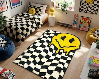 Alfombra con cara sonriente derretida y patrón de cuadros deformados