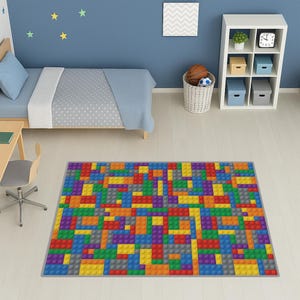 Custom Building Block Area Rug for Kids Room; Personalized Colorful Building Block Mat; Vibrant Brick Name Rug; Boy or Girl Bedroom Decor