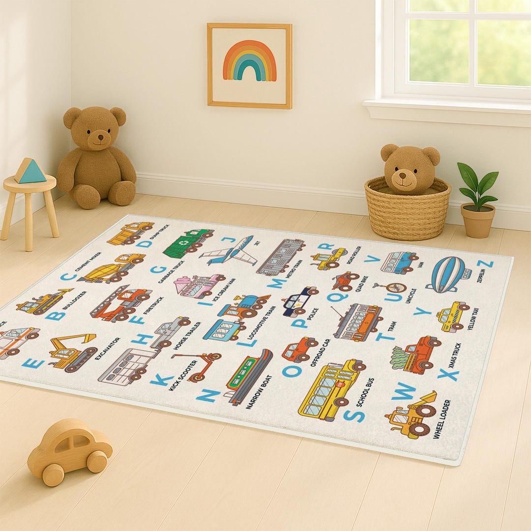 Transportation Rug ABC Transportation Rug for Kids Room; Educational Alphabet Playmat With ...