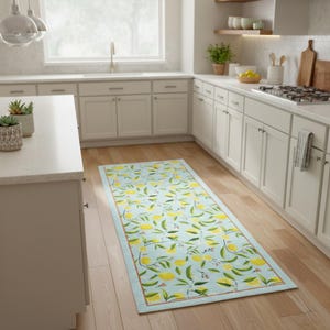 Blue Kitchen Runner Rug With Yellow Lemon Pattern And Floral Accents