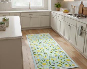 Blue Kitchen Runner Rug With Yellow Lemon Pattern And Floral Accents