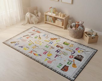 Musical Alphabet Rug with Instruments and Piano Keys Border for Kids Educational Playroom Decor