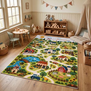 Peut inclure: Un tapis rectangulaire orné d'une carte de ville illustrée et colorée avec des routes, une ferme, un étang, un moulin et des bâtiments. Le motif comprend le texte Mummi's Town, des paysages verts, des arbres et divers véhicules imprimés.