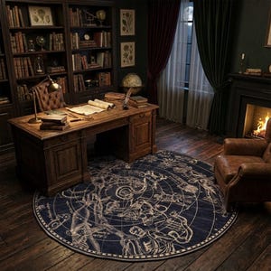 Pode incluir: Um tapete redondo azul escuro com um desenho de mapa celeste em creme. O tapete está numa sala com uma secretária de madeira, estantes e uma poltrona de couro. A sala tem uma lareira e uma janela com cortinas.