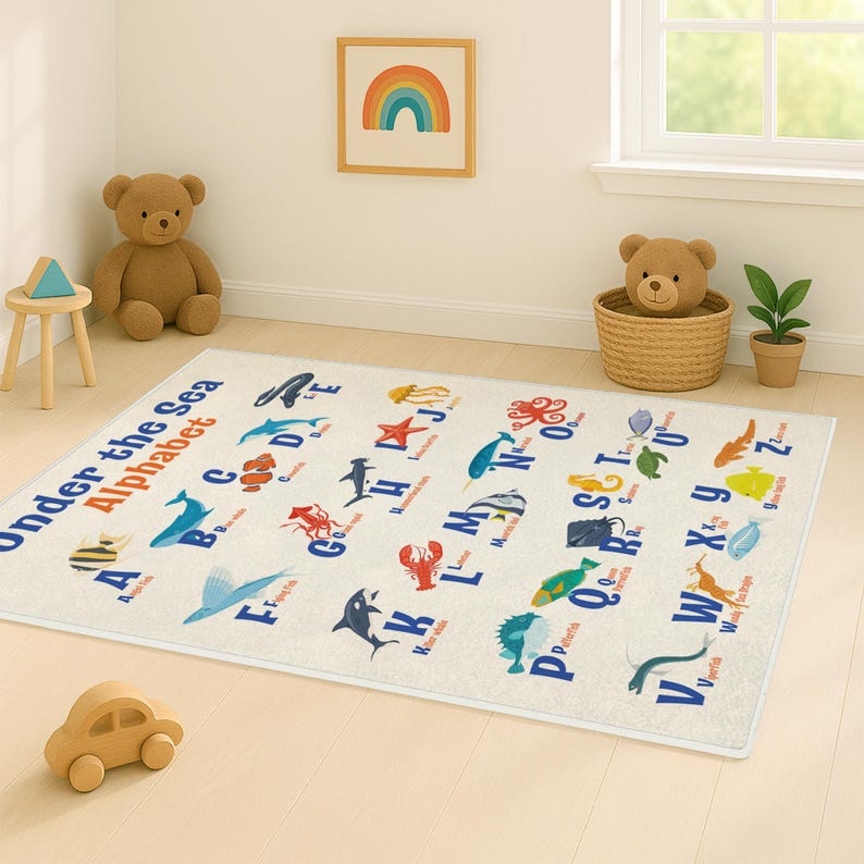 May include: A rectangular off-white rug with an alphabet and sea creature illustrations. The rug features the text "Under the Sea Alphabet" in orange and blue. The letters are paired with colorful images of marine life.