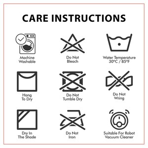 Puede incluir: Gr&aacute;fico de instrucciones de cuidado con iconos para lavar, secar y planchar. Incluye texto: Lavable a m&aacute;quina, No usar lej&iacute;a, Temperatura del agua 30&deg;C / 85&deg;F, Colgar para secar, No usar secadora, No escurrir, Secar a la sombra, No planchar.