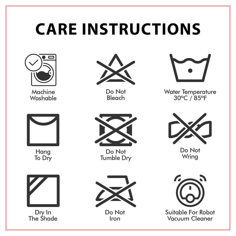 Puede incluir: Gr&aacute;fico de instrucciones de cuidado con iconos para lavar, secar y planchar. Incluye texto: Lavable a m&aacute;quina, No usar lej&iacute;a, Temperatura del agua 30&deg;C / 85&deg;F, Colgar para secar, No usar secadora, No escurrir, Secar a la sombra, No planchar.