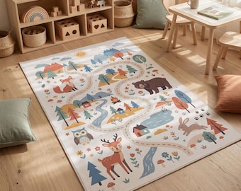 Tappeto lavabile con mappa del bosco per la cameretta dei bambini; con retro antiscivolo.