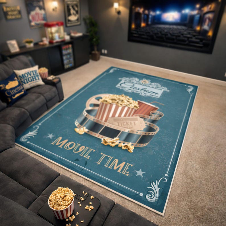 Puede incluir: Una alfombra rectangular azul con tem&aacute;tica de cine. La alfombra presenta un cubo de palomitas de ma&iacute;z, una bobina de pel&iacute;cula, una taza de bebida y un boleto. Las palabras "Movie Time" se muestran en una fuente vintage. La alfombra est&aacute; dise&ntilde;ada para un cine en casa.