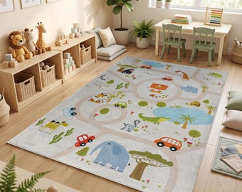 Tappeto antiscivolo lavabile con mappa stradale Safari per cameretta bambini