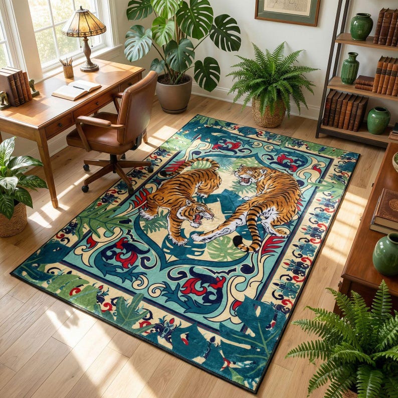 Emerald Green Tibetan Tiger Area Rug Featuring A Maximalist Chinoiserie ...