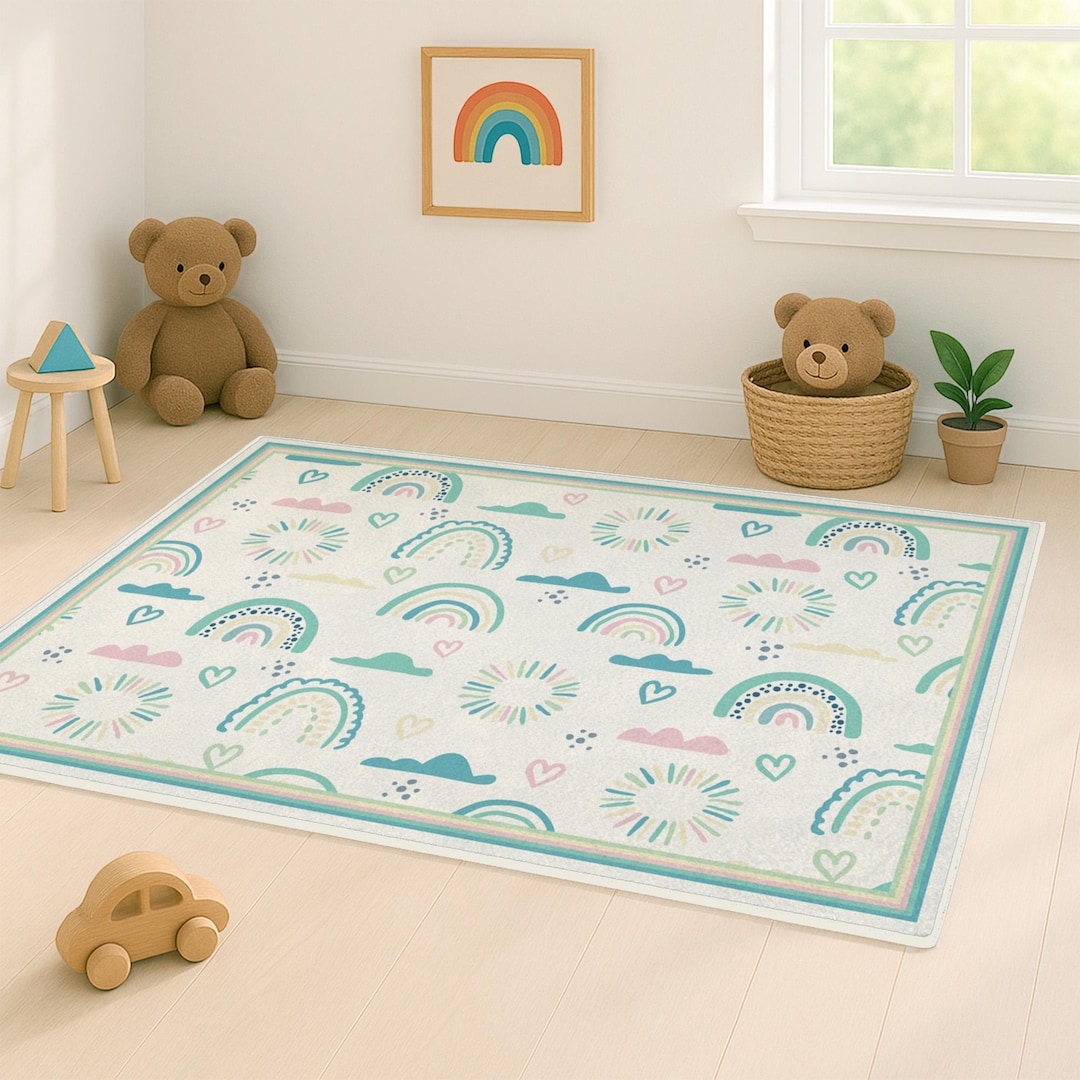 Baby Rooom Rugs Pastel Rainbow Nursery Area Rug; Custom White Background Baby Room ...