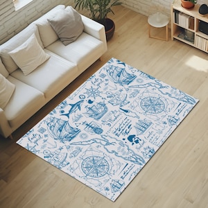 tapis vintage Travel Adventure - voiliers dessinés à la main, carte, ancres, rose des vents, croquis, inscriptions ; Tapis de passage lavable en machine ;