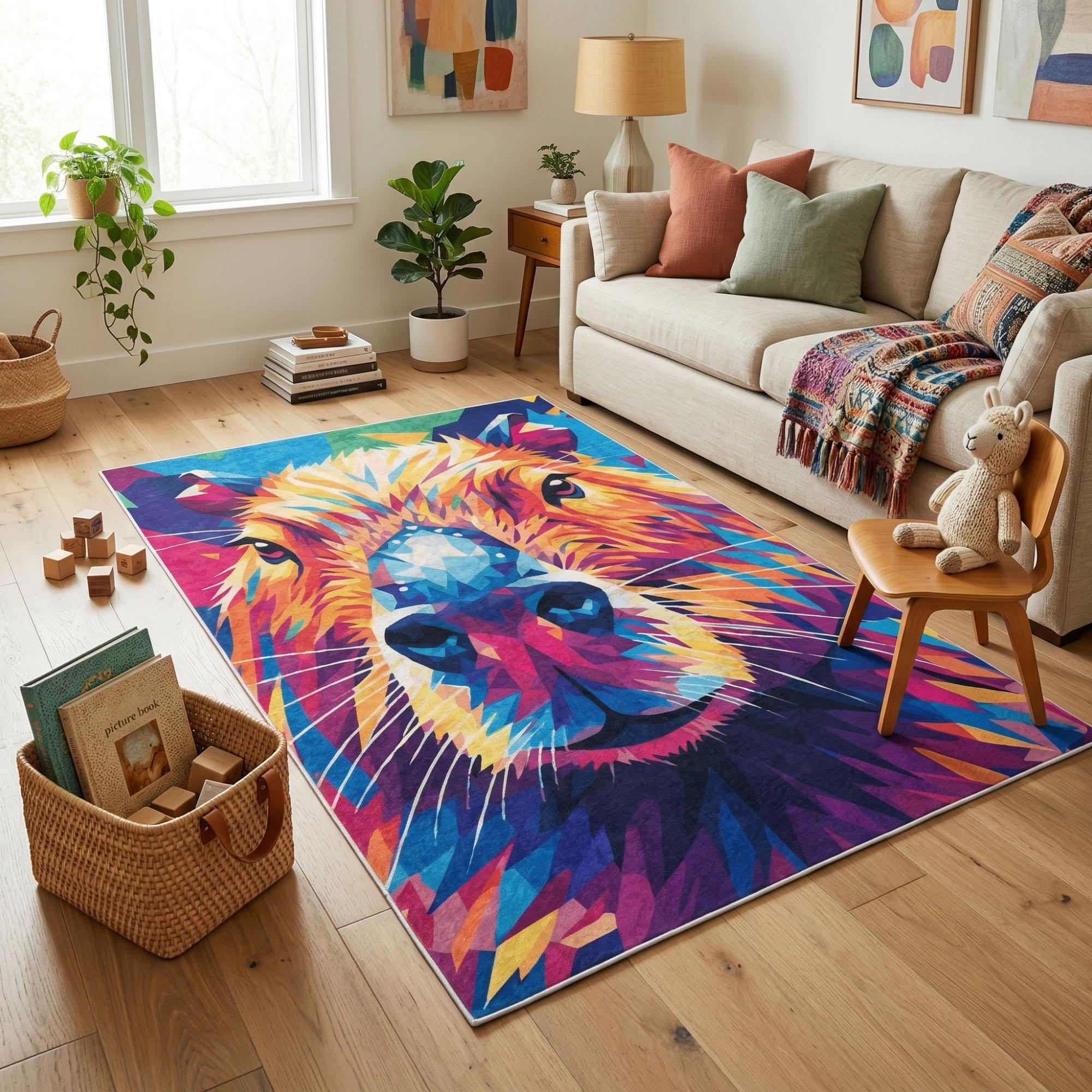 Capybara Rug Rectangle Vibrant Geometric Capybara Area Rug Featuring Colorful Low Poly Animal ...