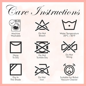 May include: A set of nine black and white care instructions icons with text descriptions. The icons include a washing machine, a bleach symbol, a water temperature symbol, a clothes hanger, a tumble dryer, a wringing symbol, a drying symbol, an iron, and a robot vacuum cleaner symbol.