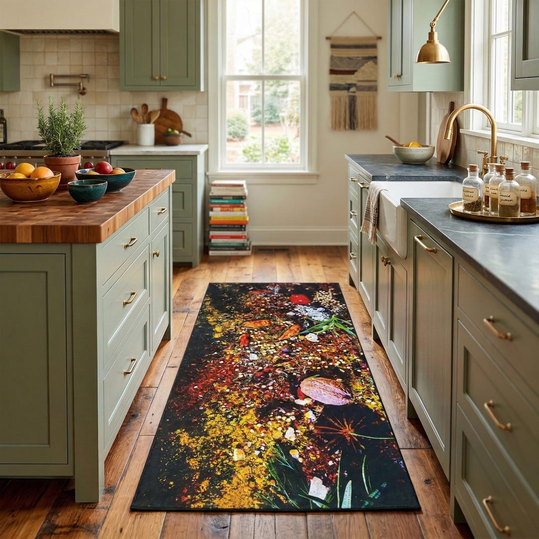 Washable Non-slip Spice Market Kitchen Runner Rug With Vibrant Herb and ...