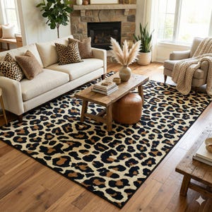 Washable Leopard Print Area Rug For Maximalist Living Room and Animal Themed Home Decor